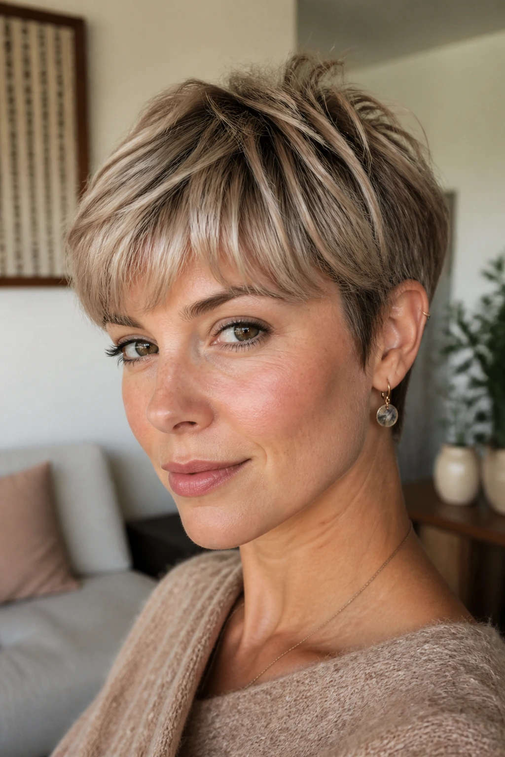 Close-up of a real person with soft pixie bangs and choppy crown layers in warm room light.