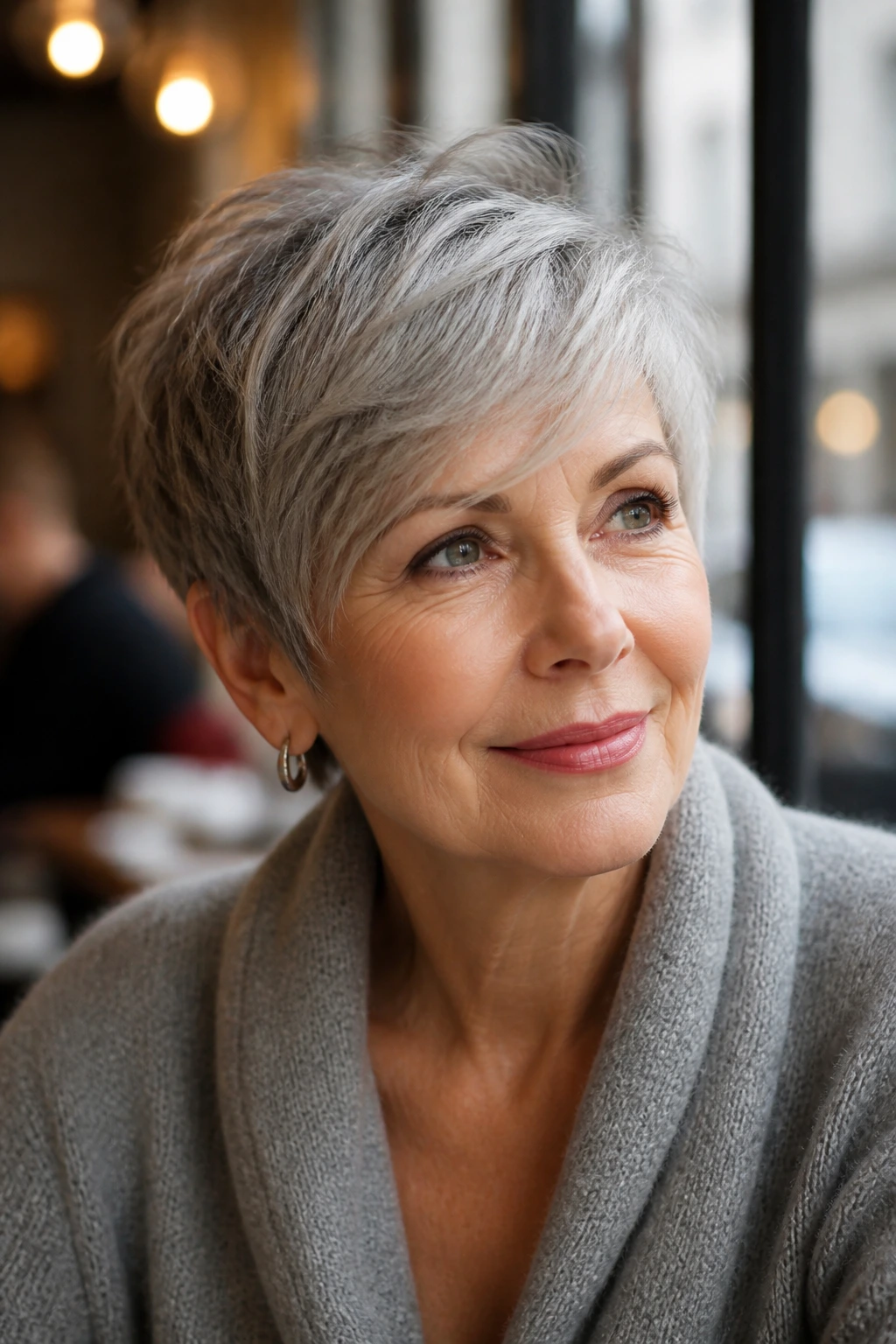 Real woman with soft pixie and side-swept bangs in cafe window light