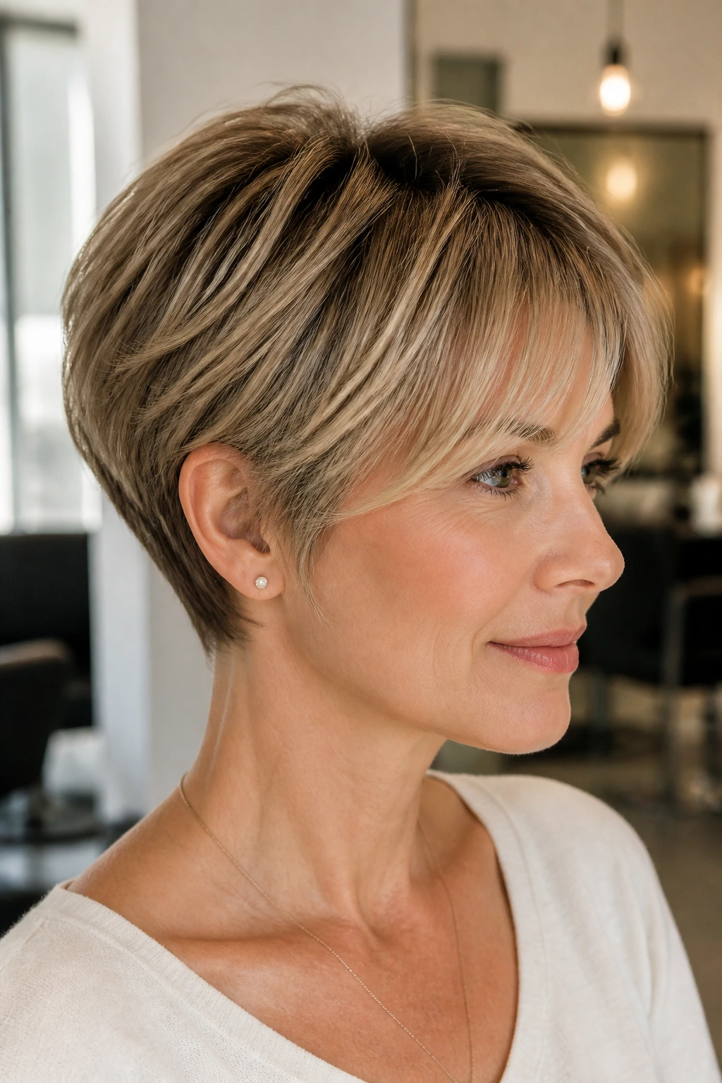Close-up portrait of a real woman with a soft pixie-bob and lifted top.