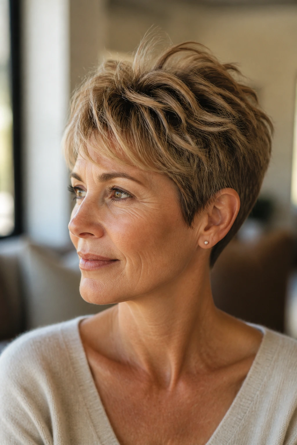 Close-up portrait of a woman with a soft pixie and crown layers
