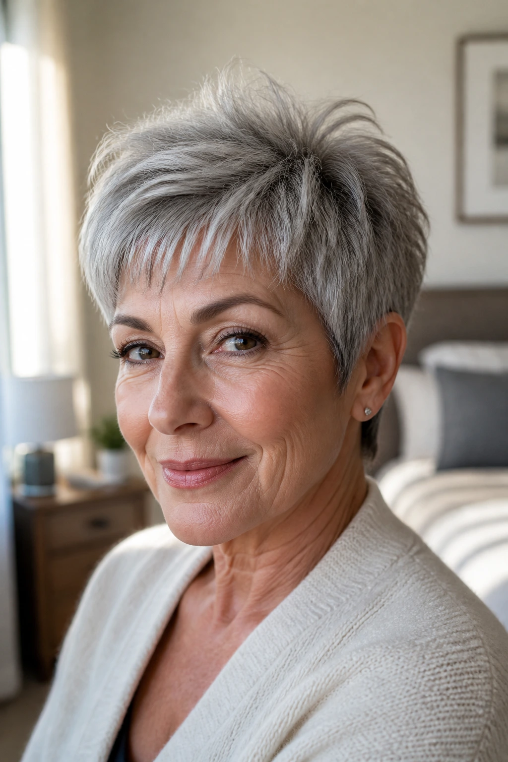 Close-up of a real woman with a soft pixie and crown lift in warm light
