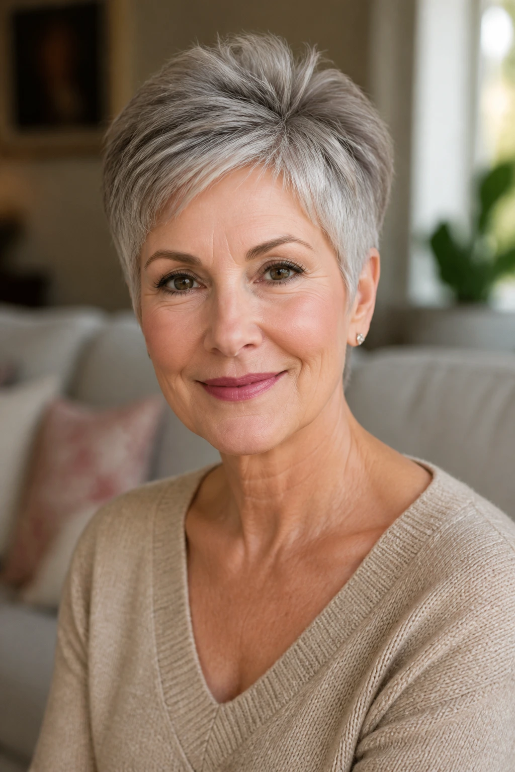 Portrait of a woman with a soft pixie featuring crown lift and tapered sides