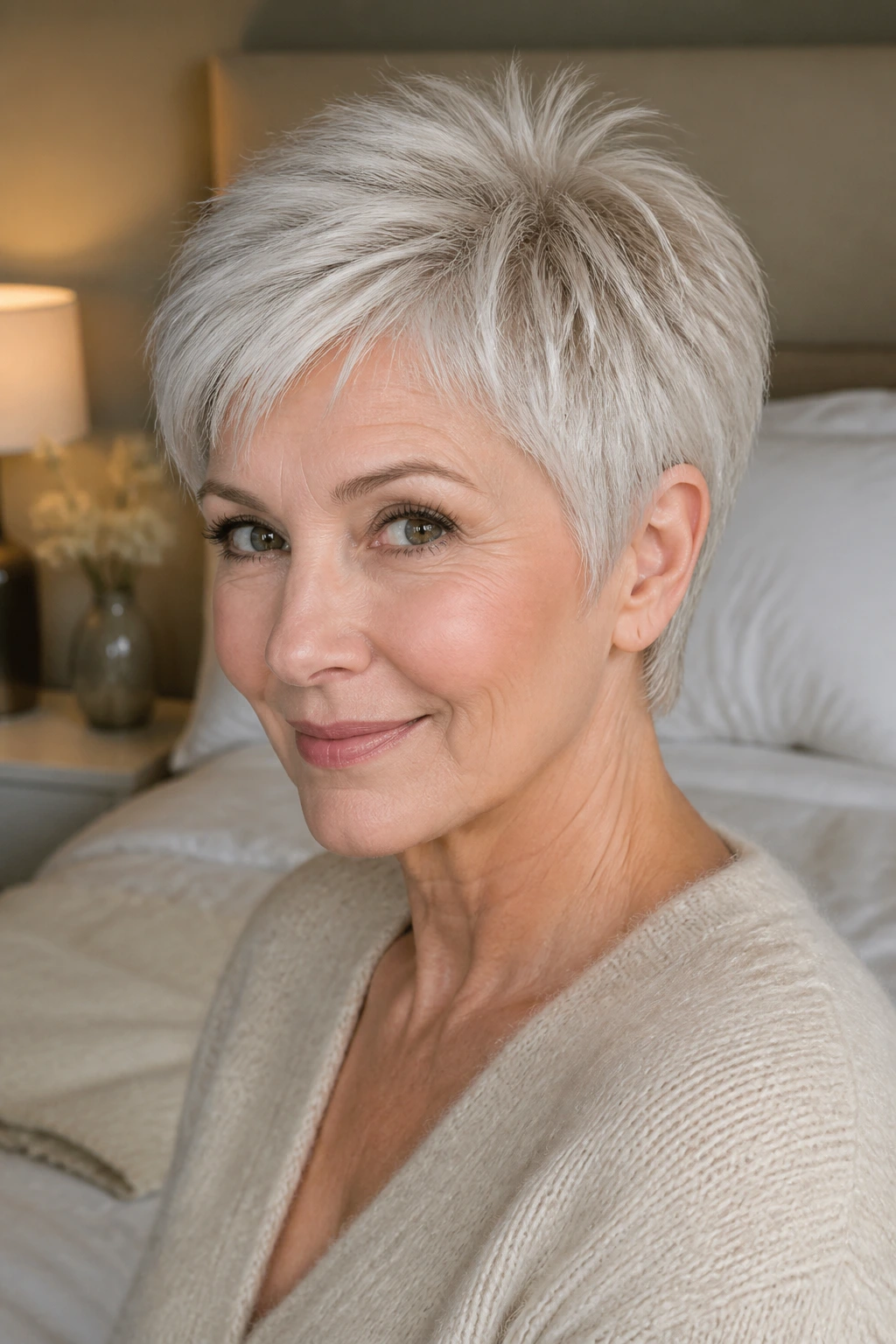 Portrait of a woman with a soft pixie and crown lift hairstyle