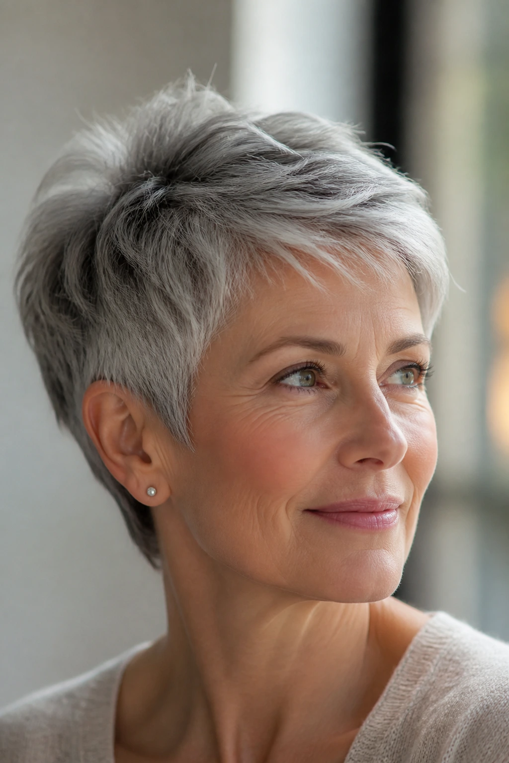 Close-up of a real older woman with a soft pixie and feathered silver crown