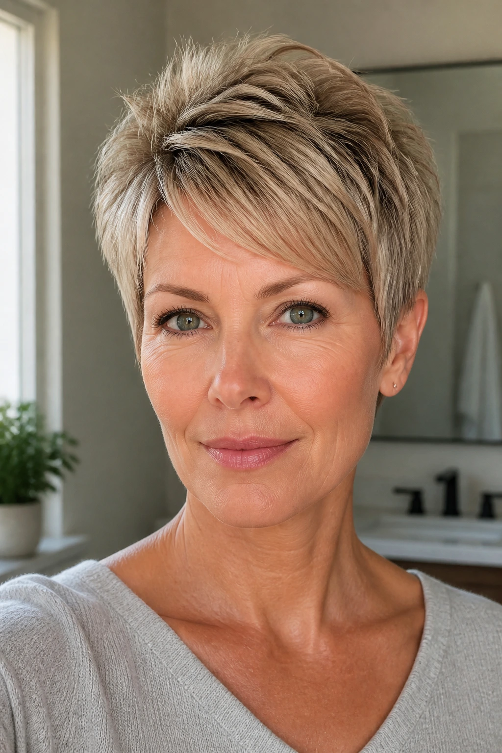 Close-up of a real woman with a soft pixie and crown texture