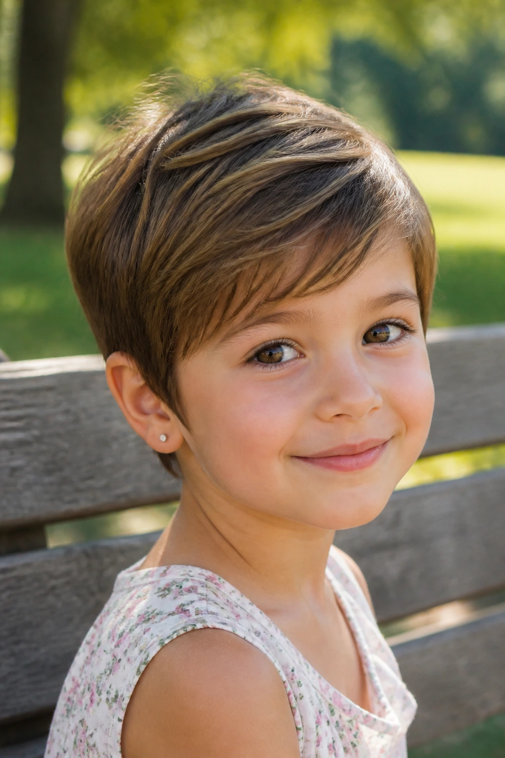 Close-up portrait of a girl with a soft pixie and feathered fringe.