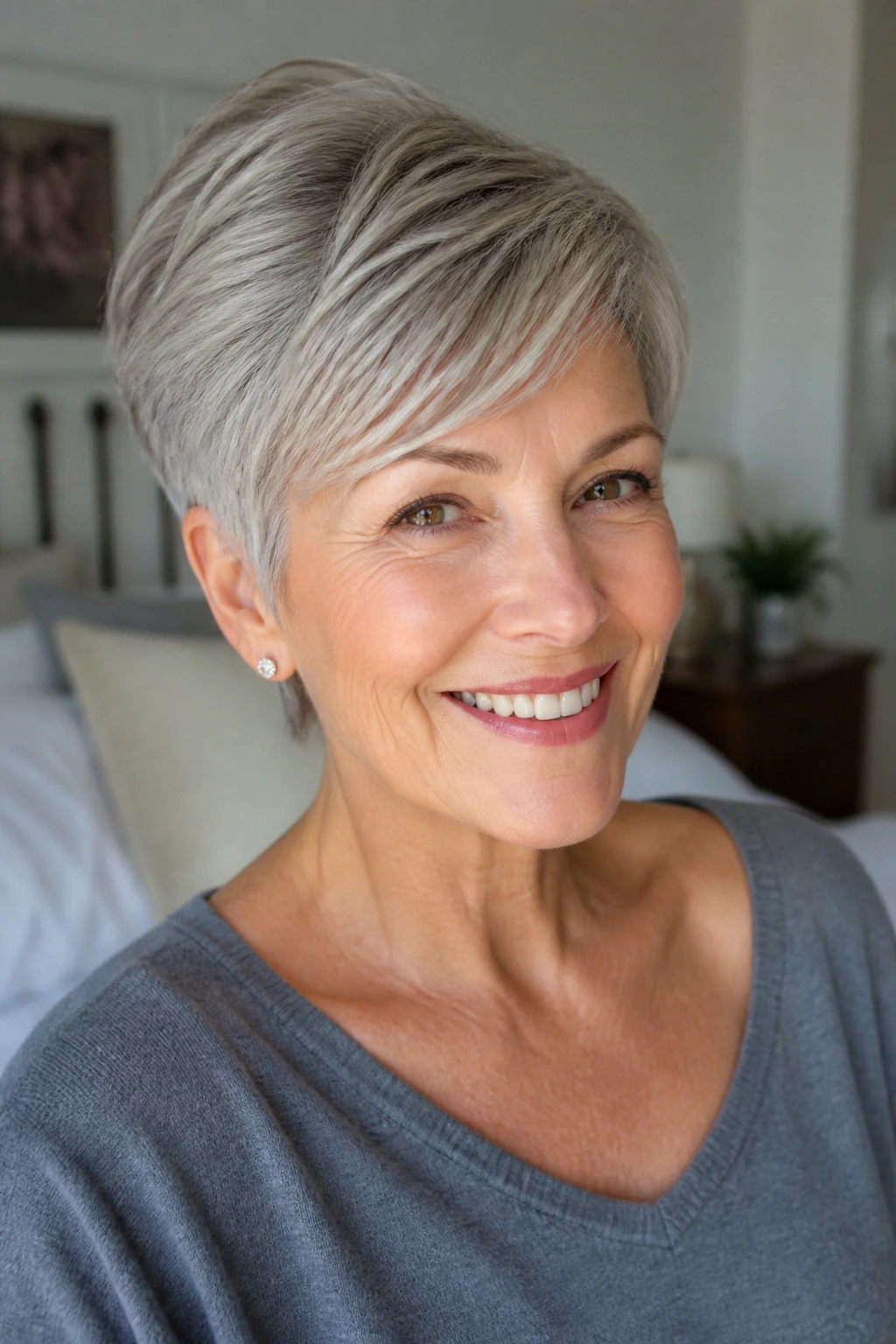 Close-up of an older woman with a soft pixie and side-swept fringe.