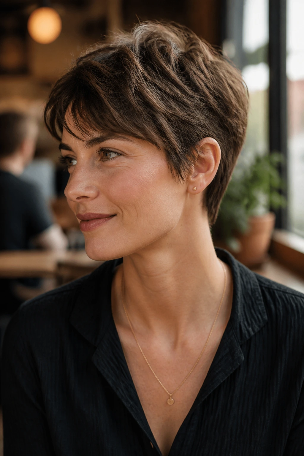 Portrait of a real person with a grown-out soft pixie in a cafe setting