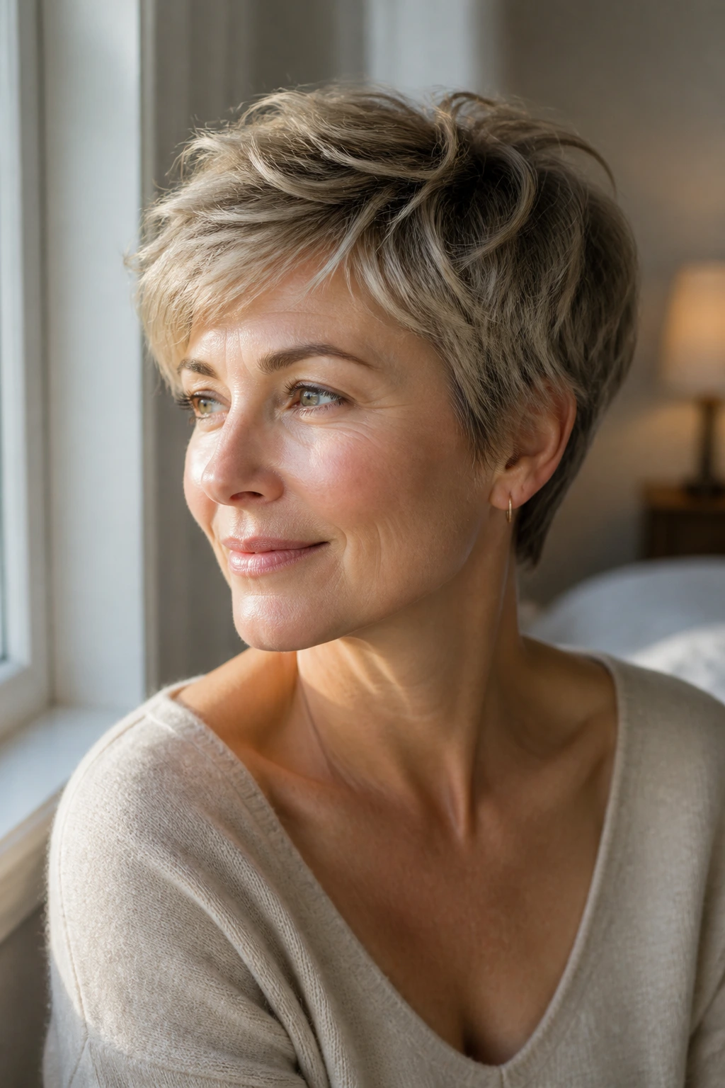 Portrait of a woman with soft pixie haircut by window light