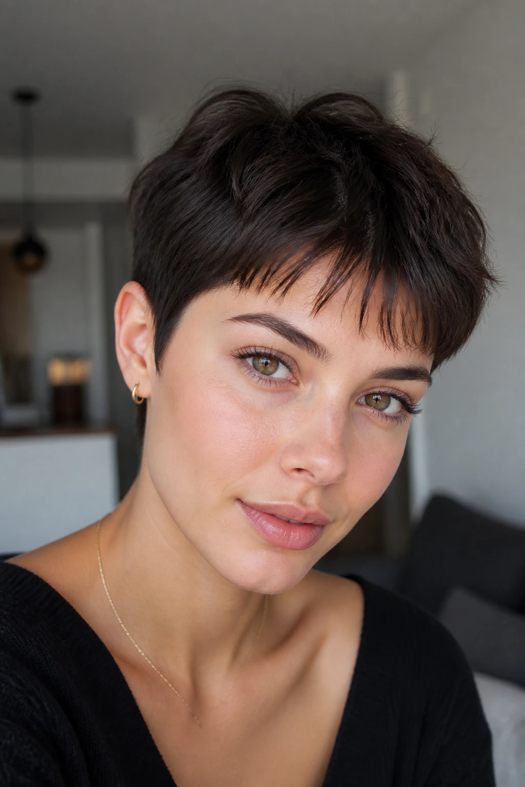 Real person with a soft pixie and micro-wisps in a softly lit apartment