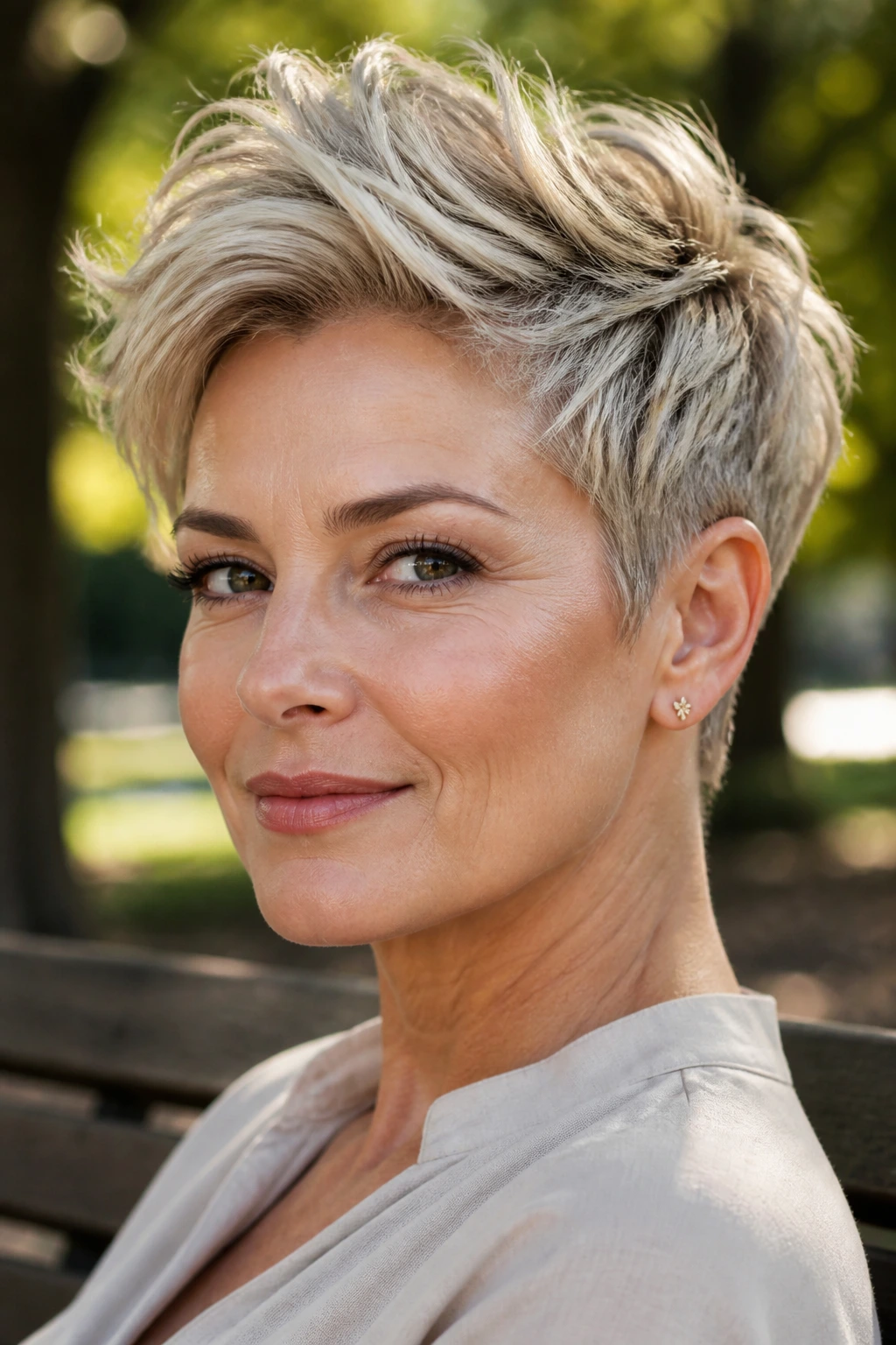Portrait of woman with soft pixie hairstyle with top length