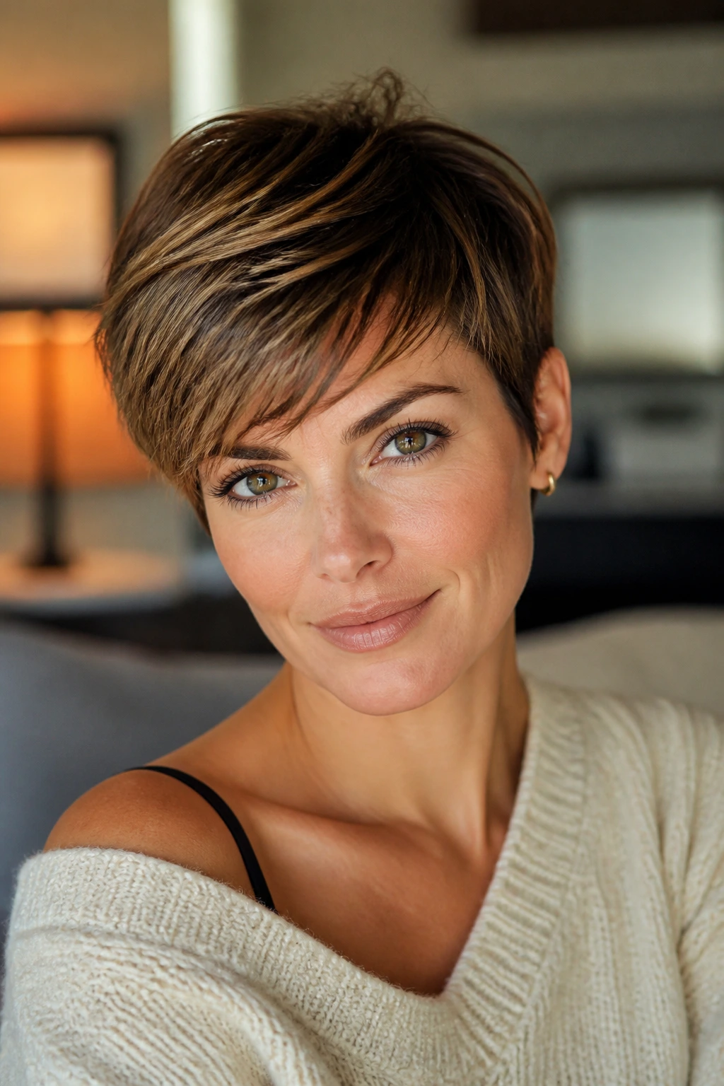 Close-up of a real woman's head showing a soft pixie with a diagonal side-swept fringe under warm window light