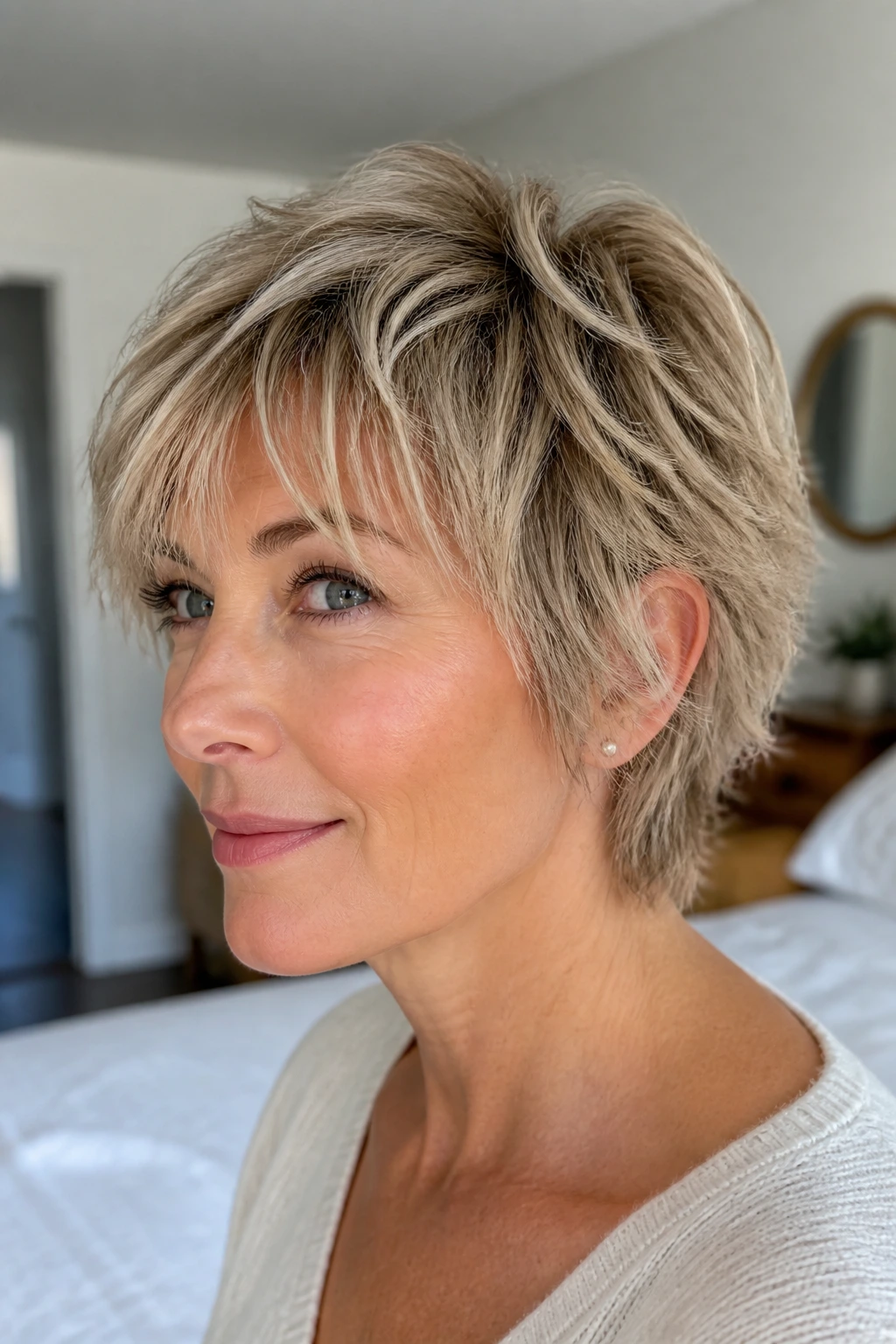 Close-up of a woman with a soft pixie shag showing feathered crown