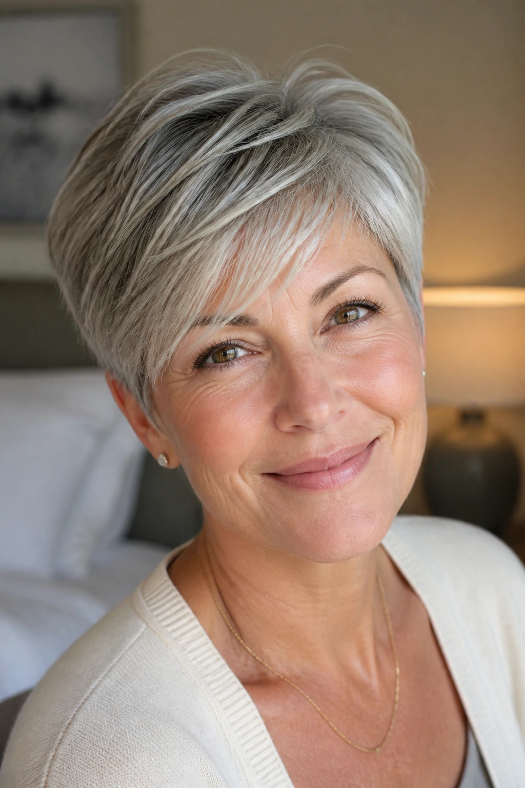 Close-up portrait of a real woman with a soft pixie and side-swept fringe.