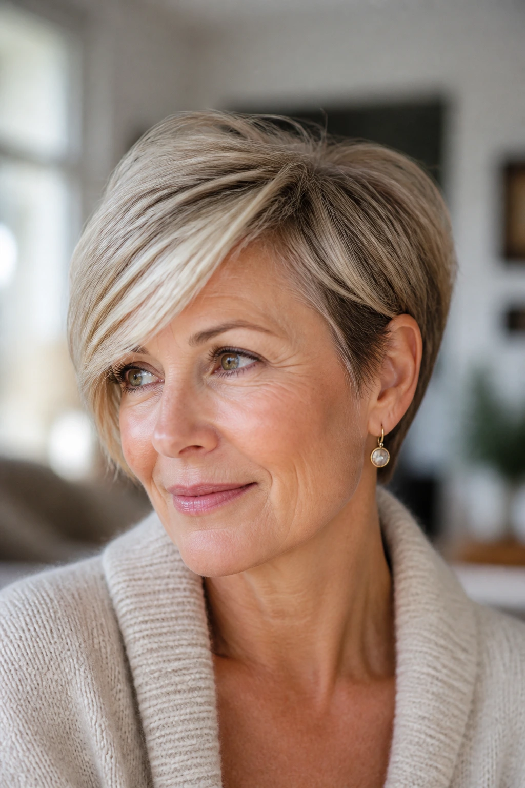 Close-up portrait of woman with soft pixie and side-swept fringe