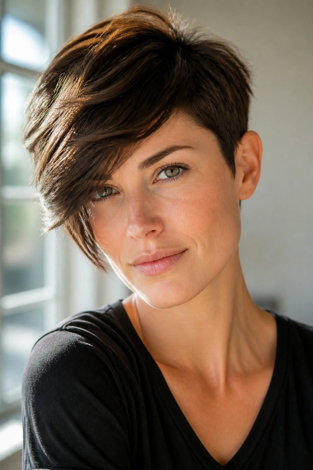 Portrait of a real person with a soft side swept long pixie showing diagonal front and tapered sides