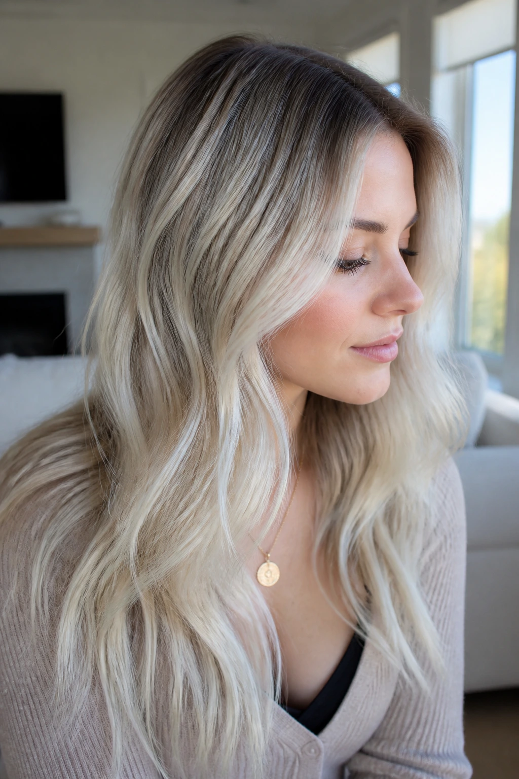 Close-up portrait of a person with soft platinum balayage and shadow root.