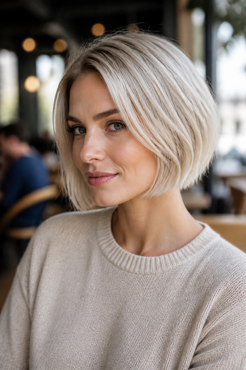 Close-up portrait of soft platinum bob blonde in cafe light