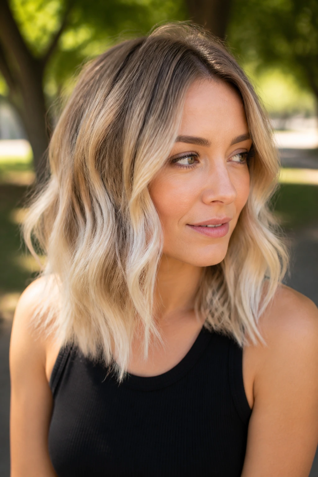 Close-up of a real woman with soft platinum ends on mid-length waves