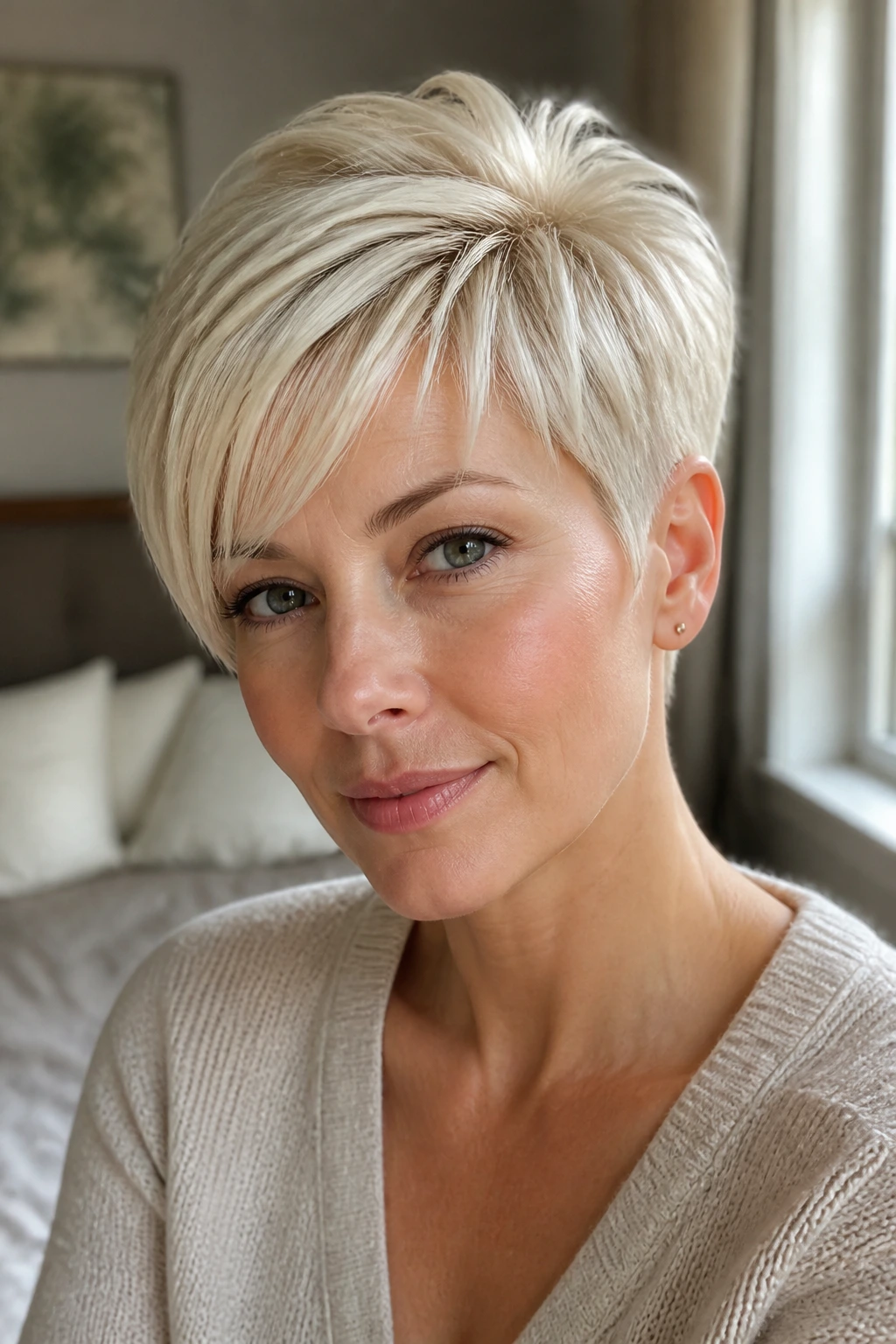 Close-up of a real woman with soft platinum tapered pixie and lifted crown