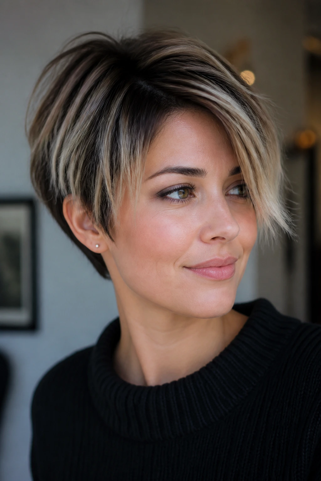 Portrait of a short hairstyle with soft platinum tips