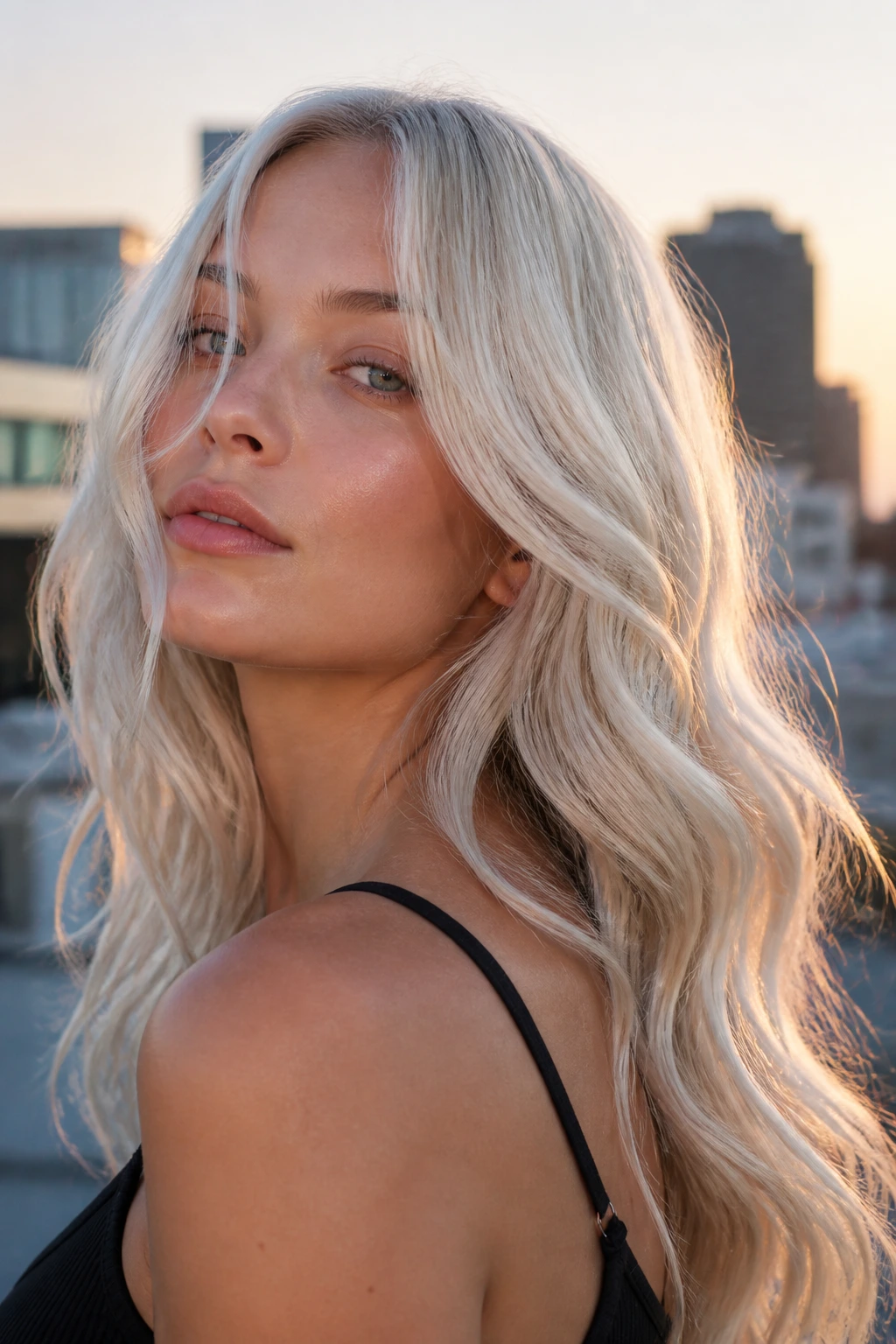 Real woman with soft platinum waves on a rooftop at golden hour