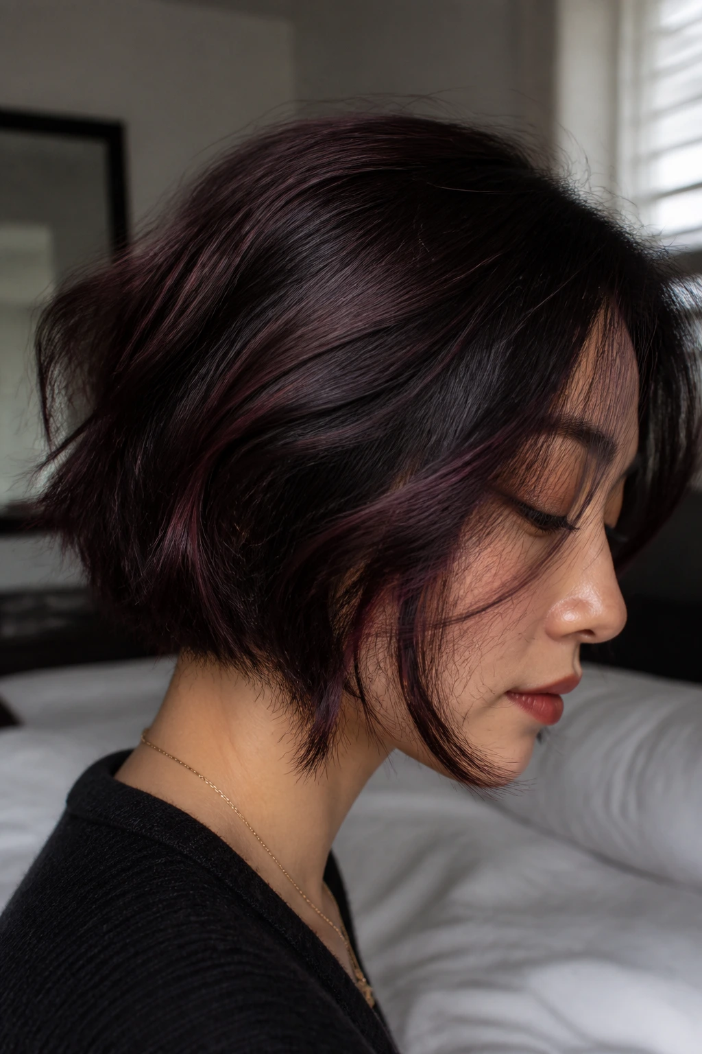 Close-up of a short bob with soft plum glaze
