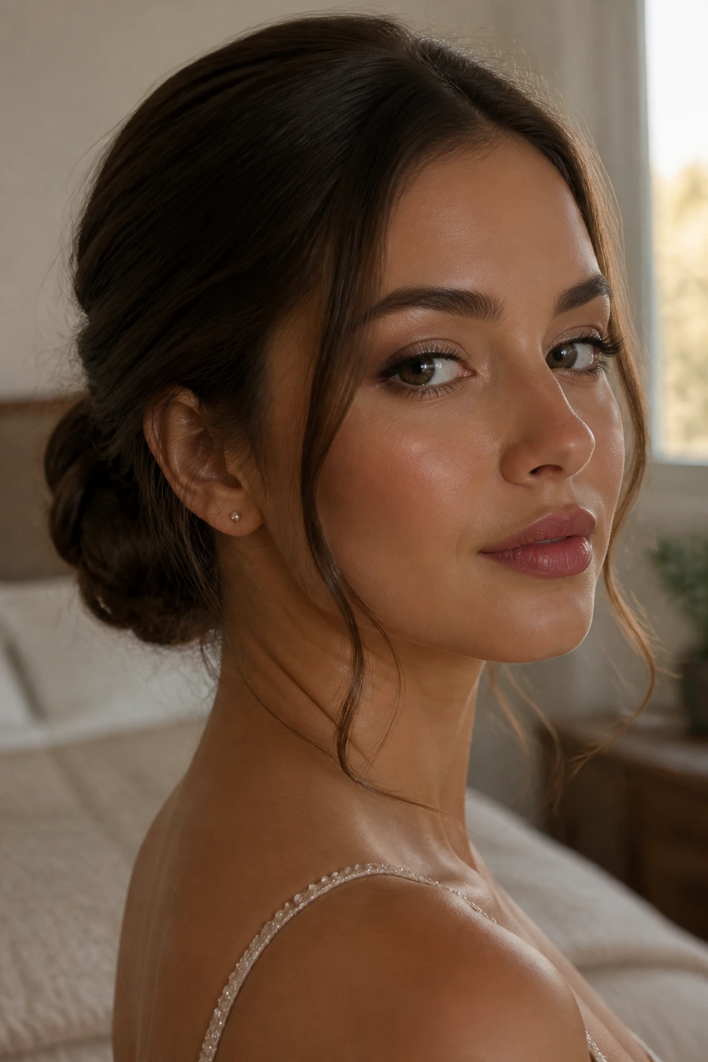 Close-up portrait of a real woman with a soft polished low bun and gentle waves