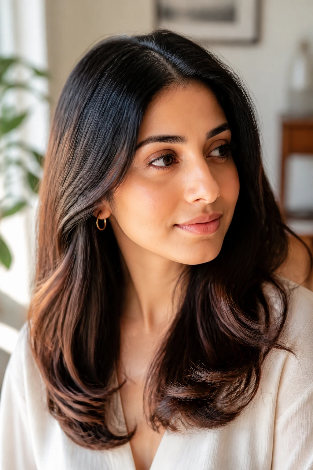 Close-up portrait of a real woman with a soft polished hairstyle, showing a clean part and subtle movement.