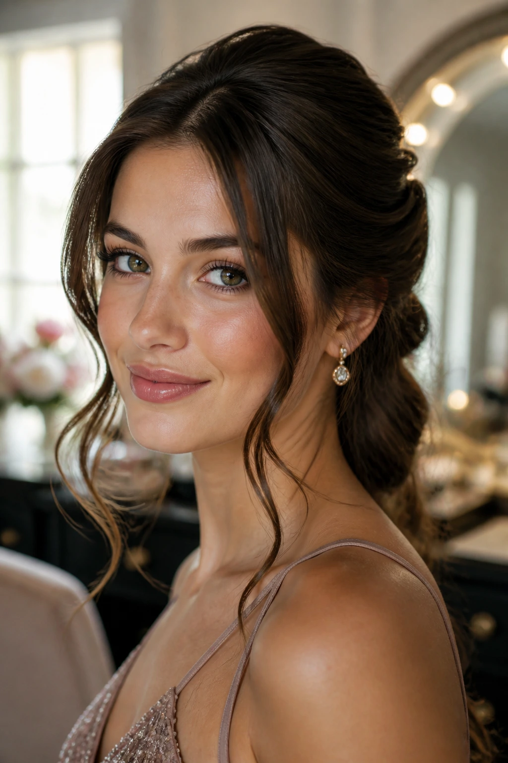 Portrait of a real woman with a soft polished hairstyle and glossy shine.
