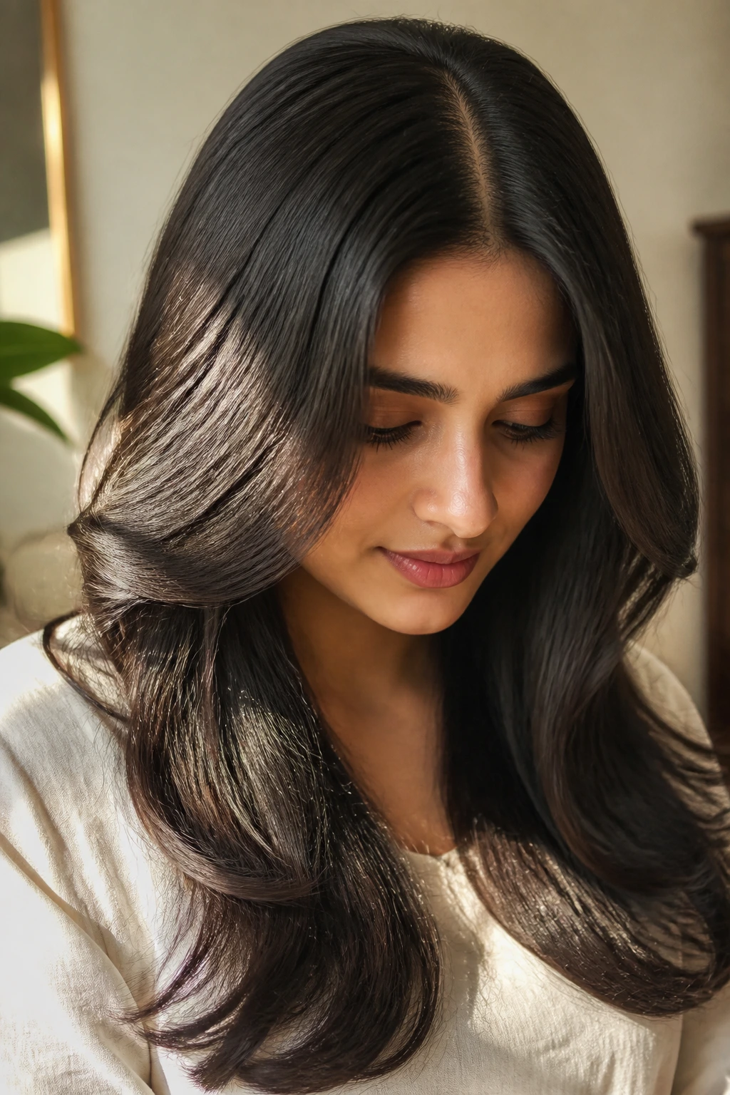 Close-up of Indian hair with a soft polished finish and subtle waves