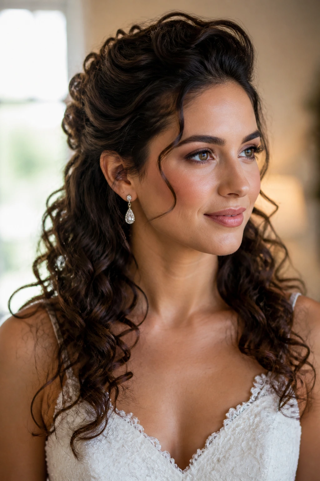 Close-up of a real bride with a soft pompadour and curly length left down, warm window light