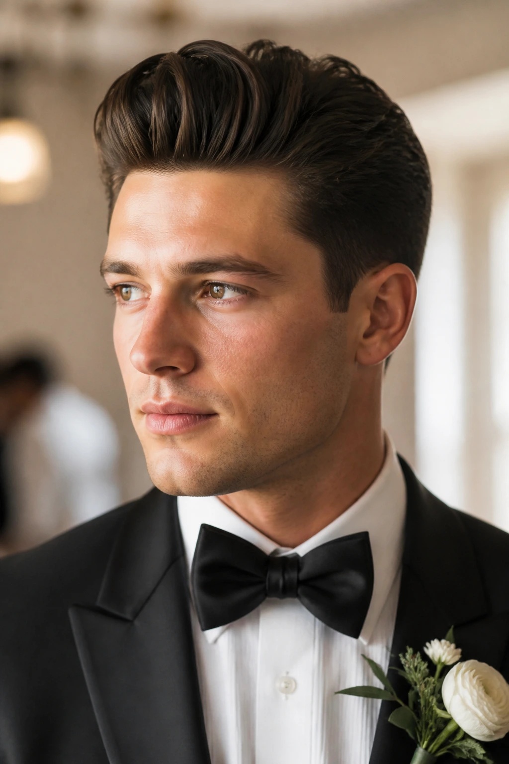 Close-up of man with soft pompadour in formal setting