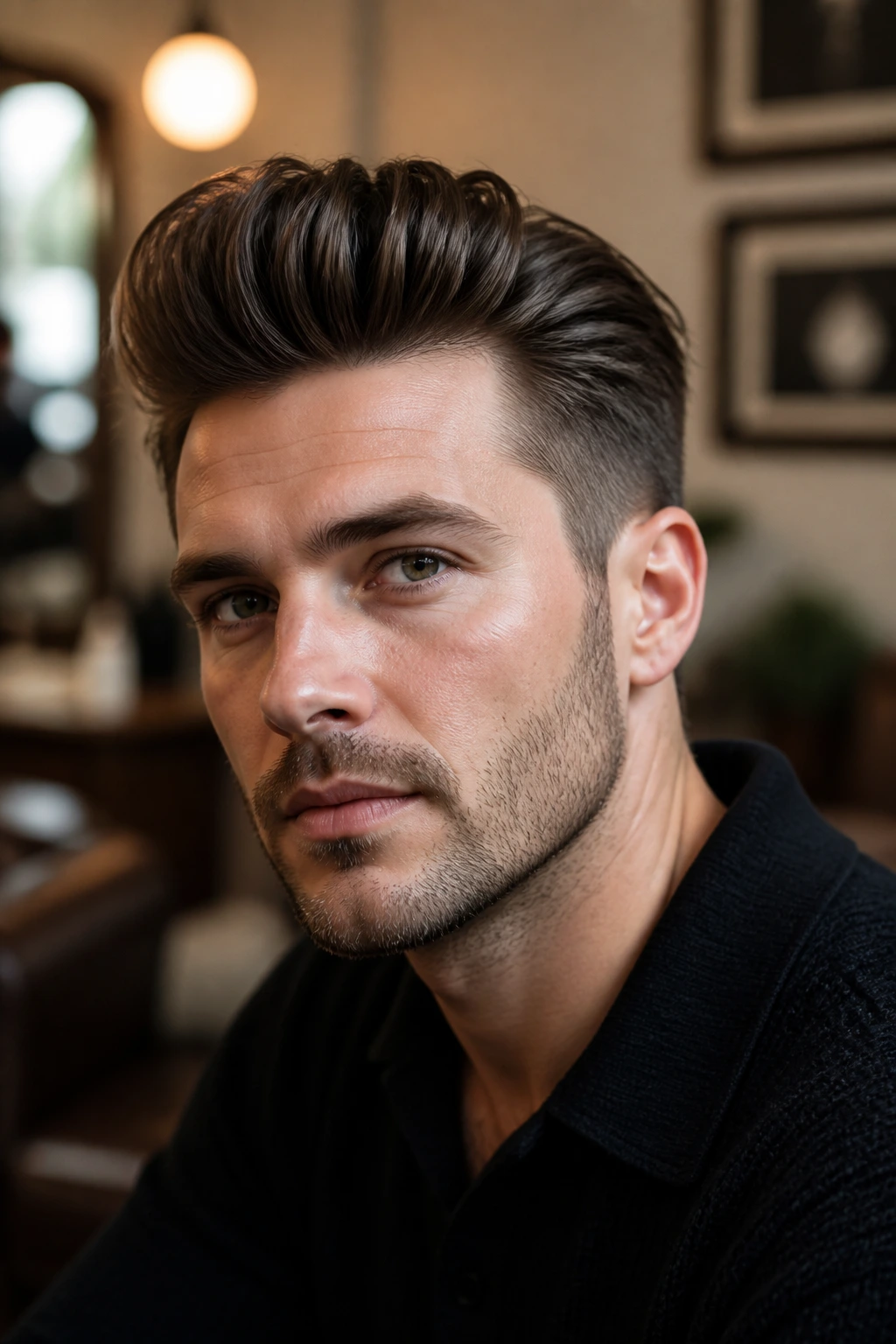 Close-up of man with soft pompadour and tapered sides