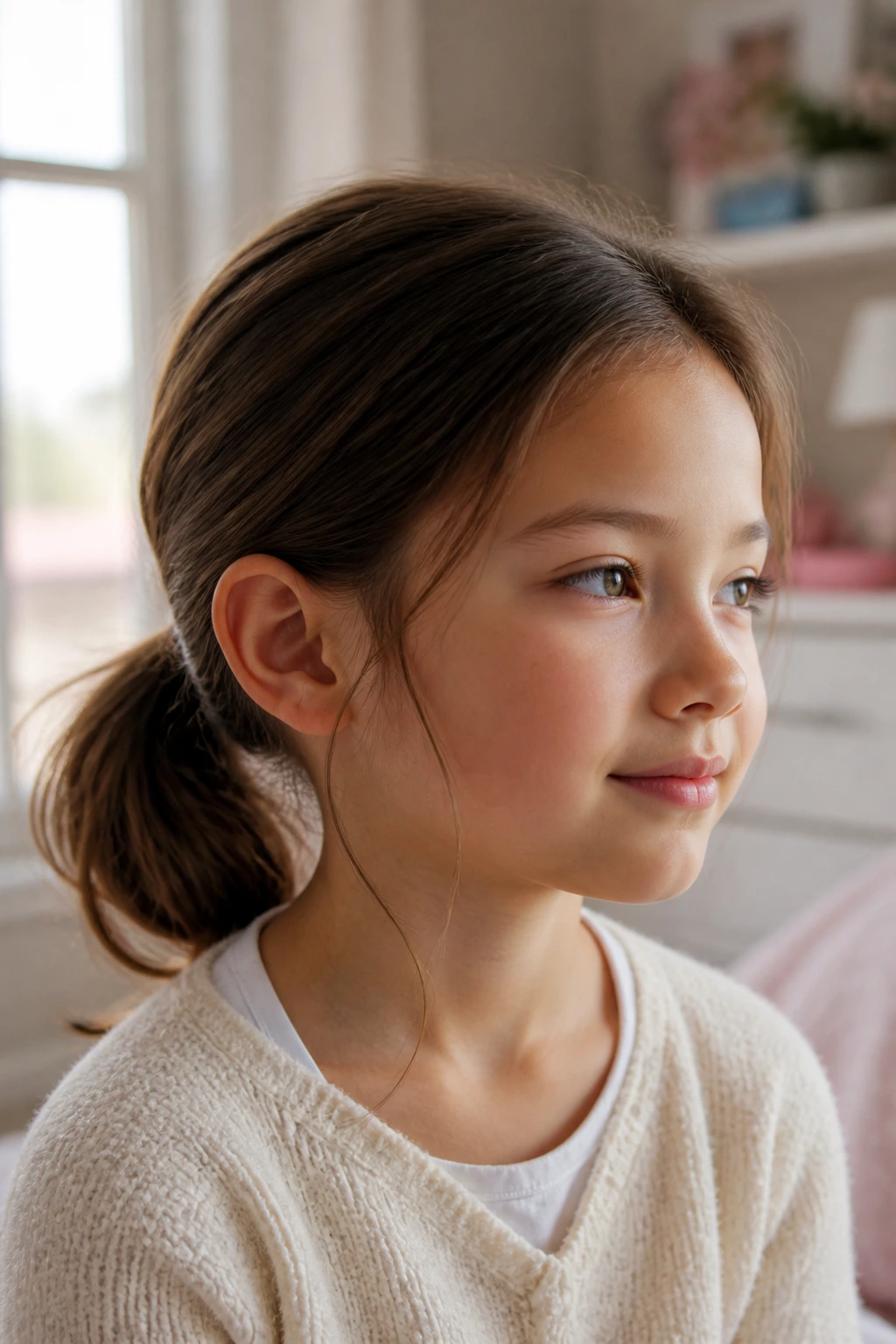 Close-up of a child with a soft, low ponytail in a cozy room