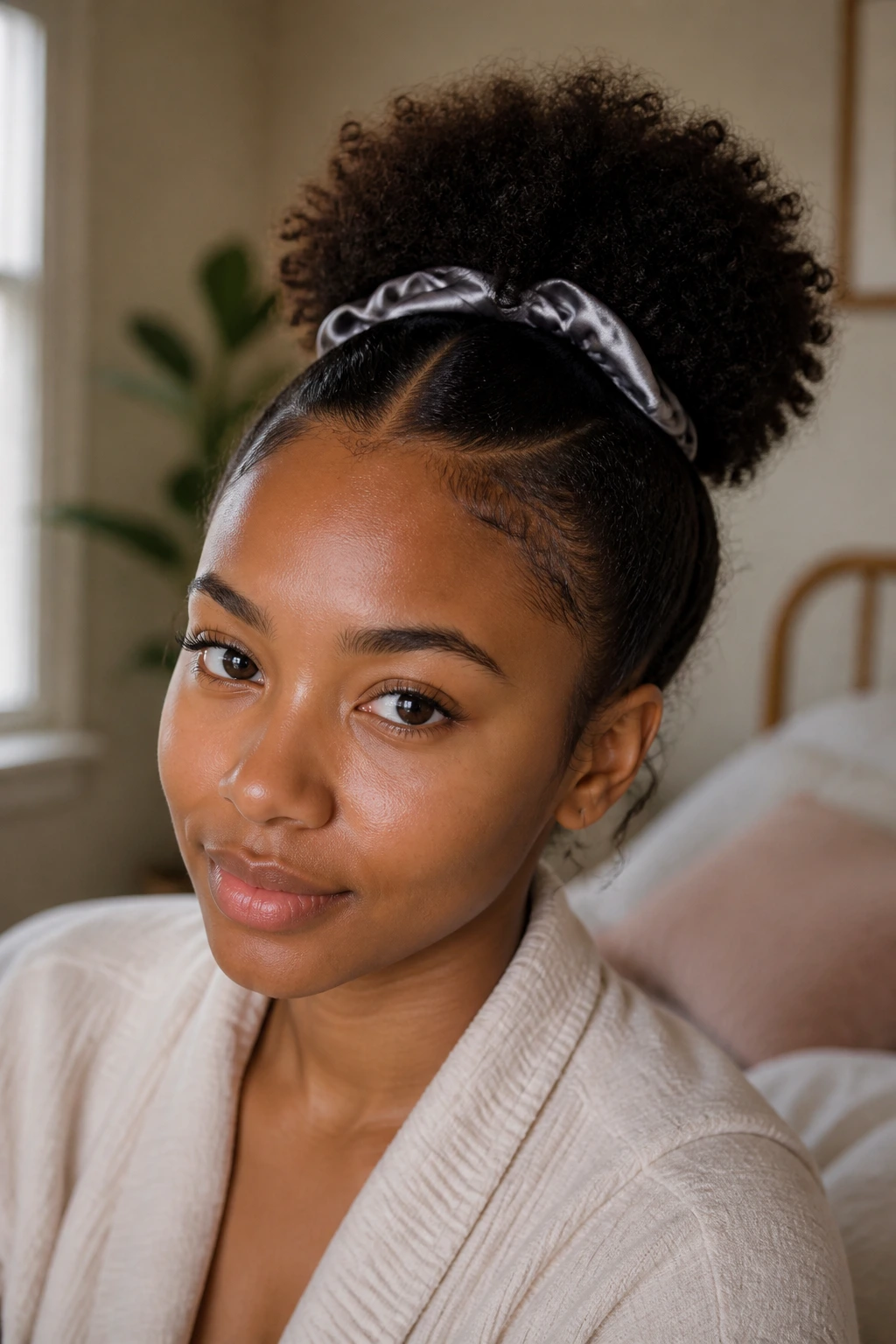 Close-up portrait of a real woman with a Soft School-Run Puff and satin scrunchie in a cozy morning bedroom
