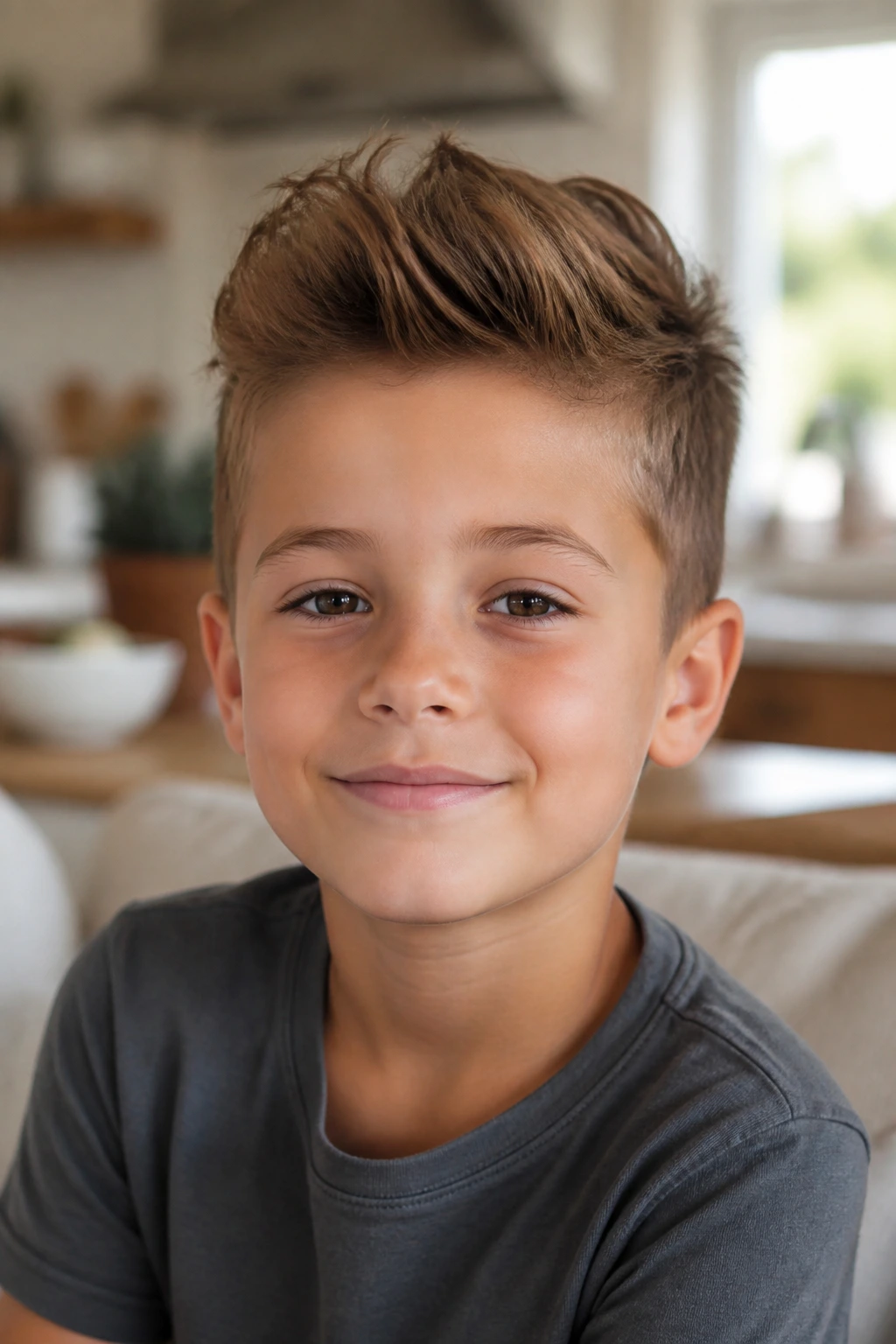 Close-up portrait of a real boy with a soft quiff lifted at the front.
