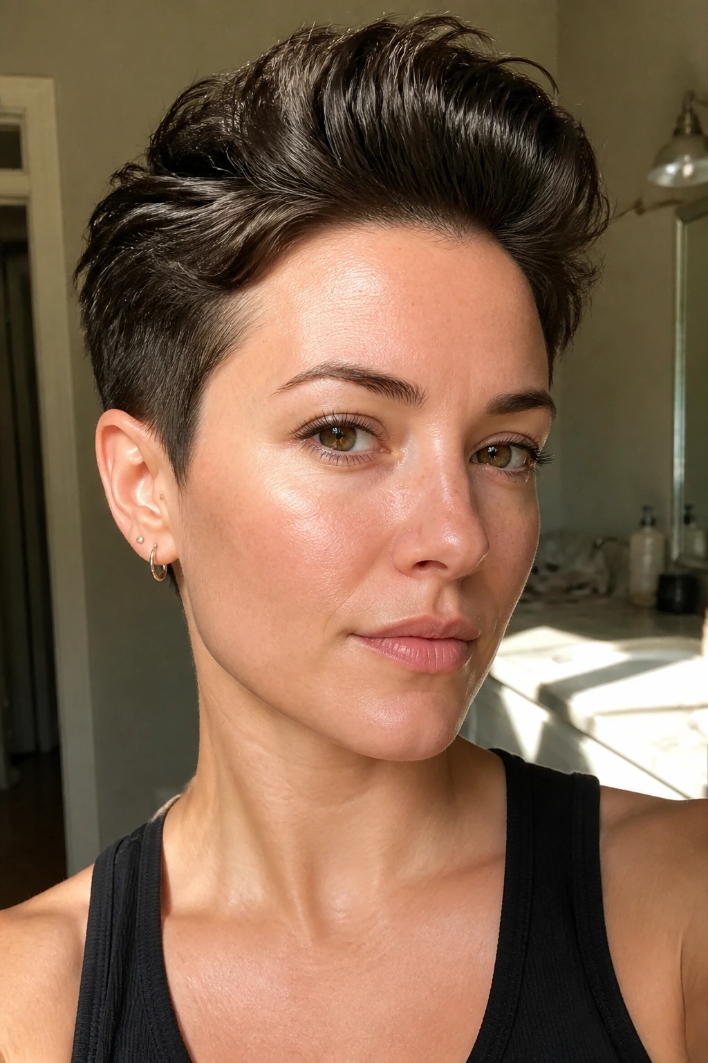 Real person with a soft quiff pixie close-up portrait