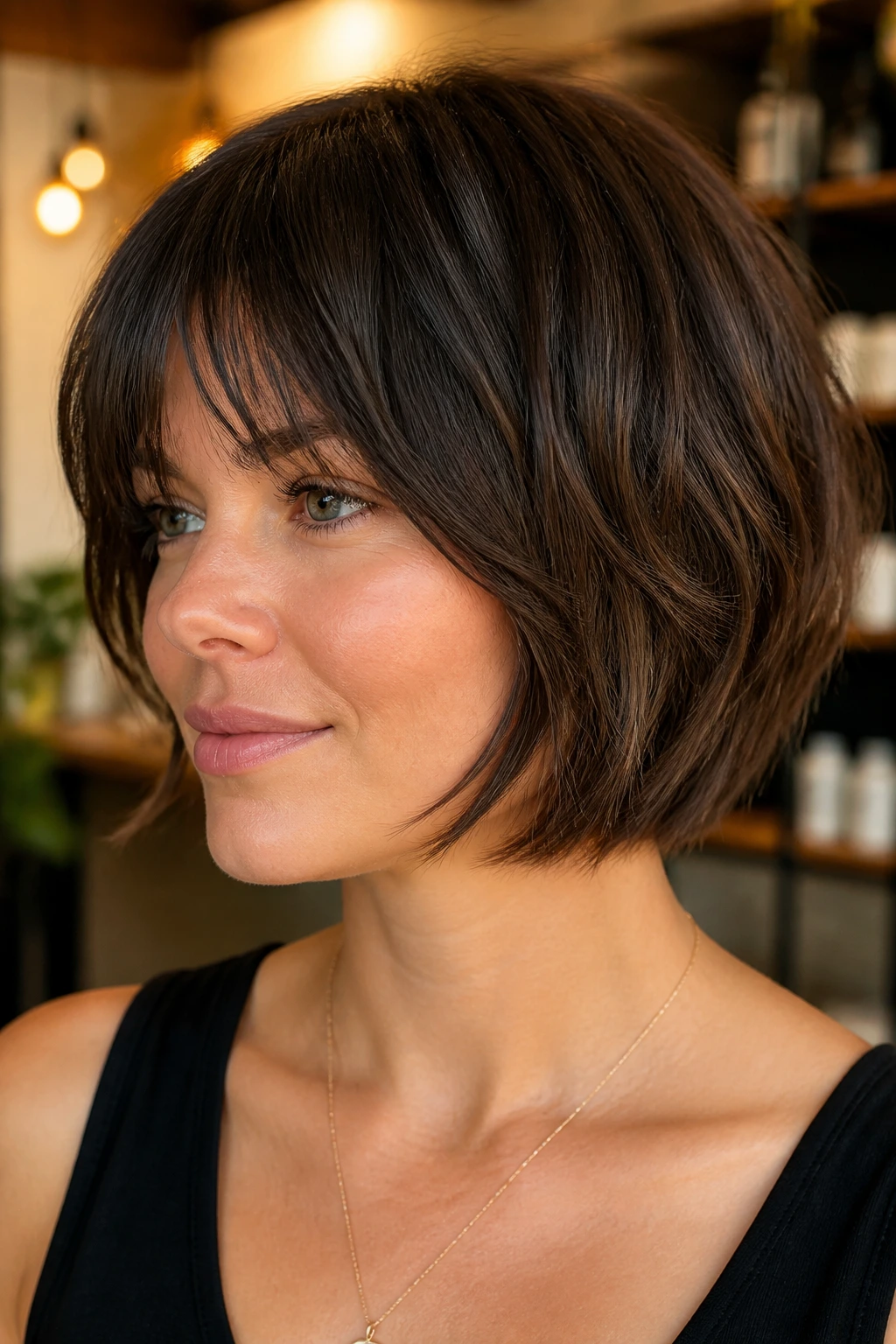 Close-up of a woman with a soft razor choppy bob and feathered ends in warm salon light.