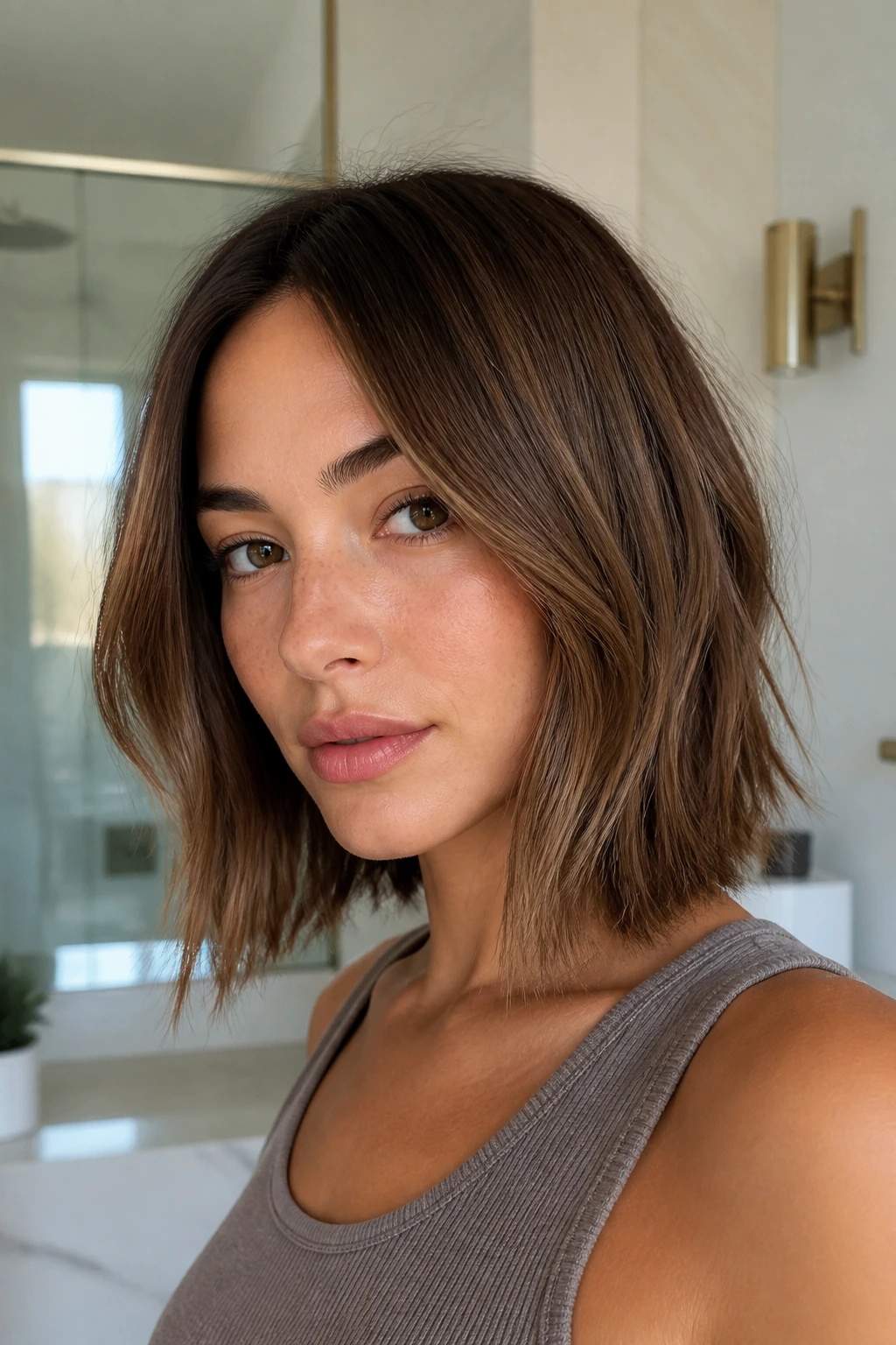 Close-up portrait of real woman with soft razor lob and feathered edges