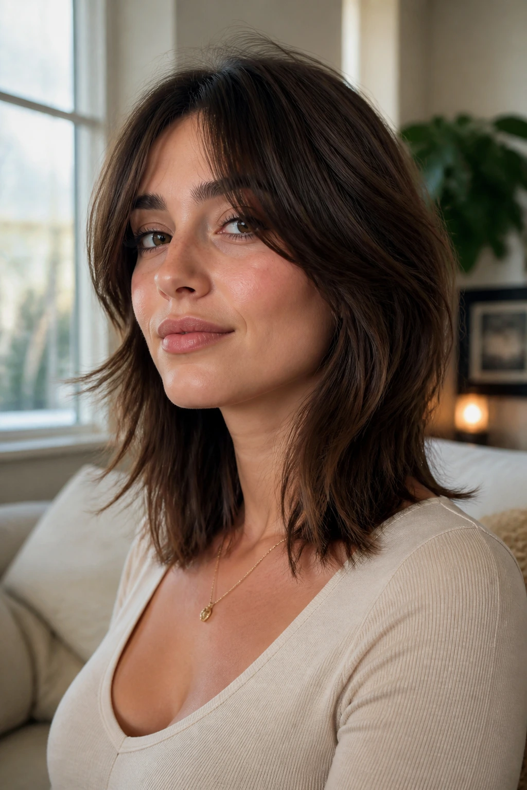 Real person with soft razor lob wolf cut in a sunlit living room