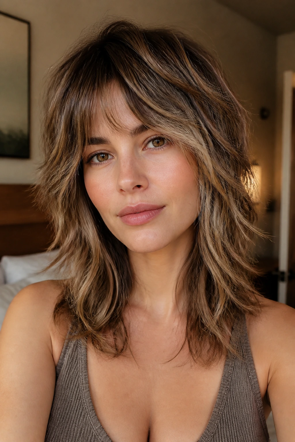 Close-up portrait of a woman with soft razor shag and bronde accents in warm bedroom light.