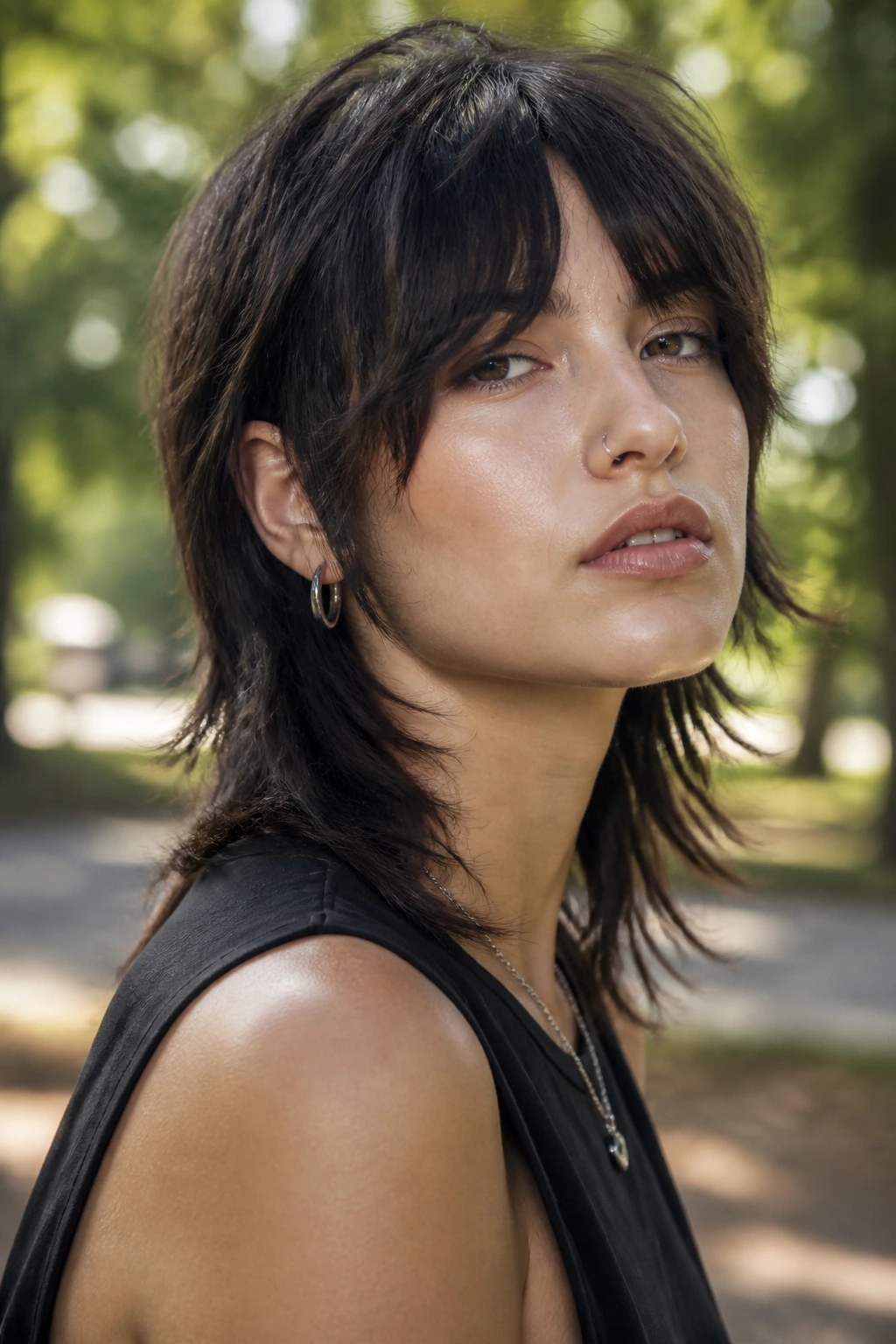 Close-up portrait of a real person with soft razor shag mullet in a park