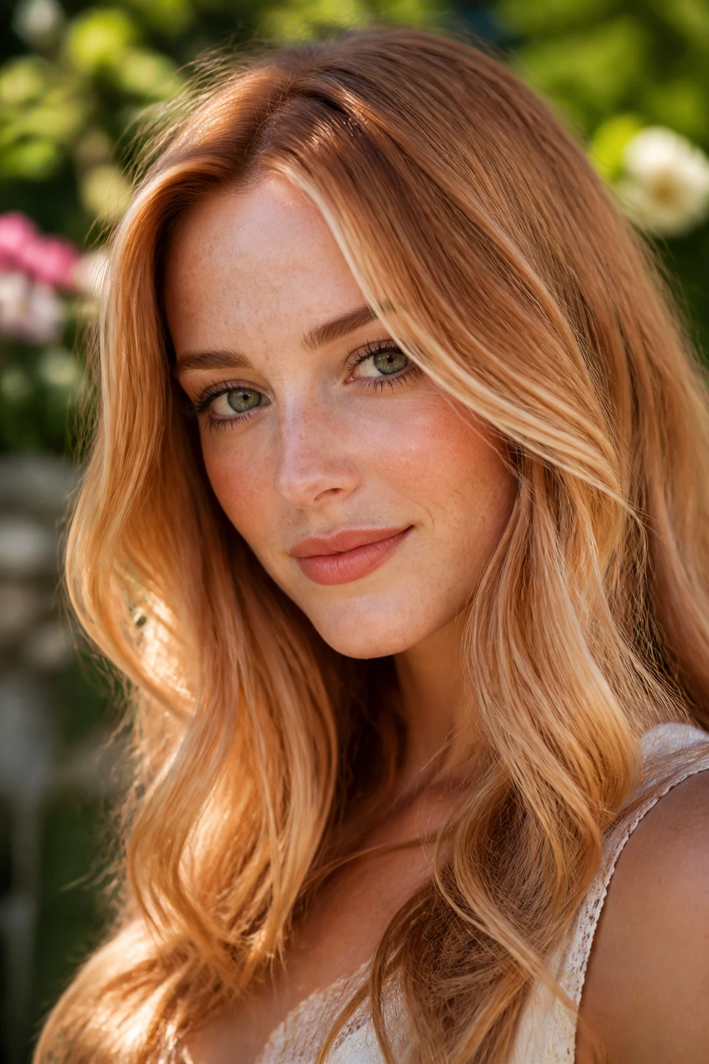 Close-up of copper-forward strawberry blonde hair on a real person outdoors