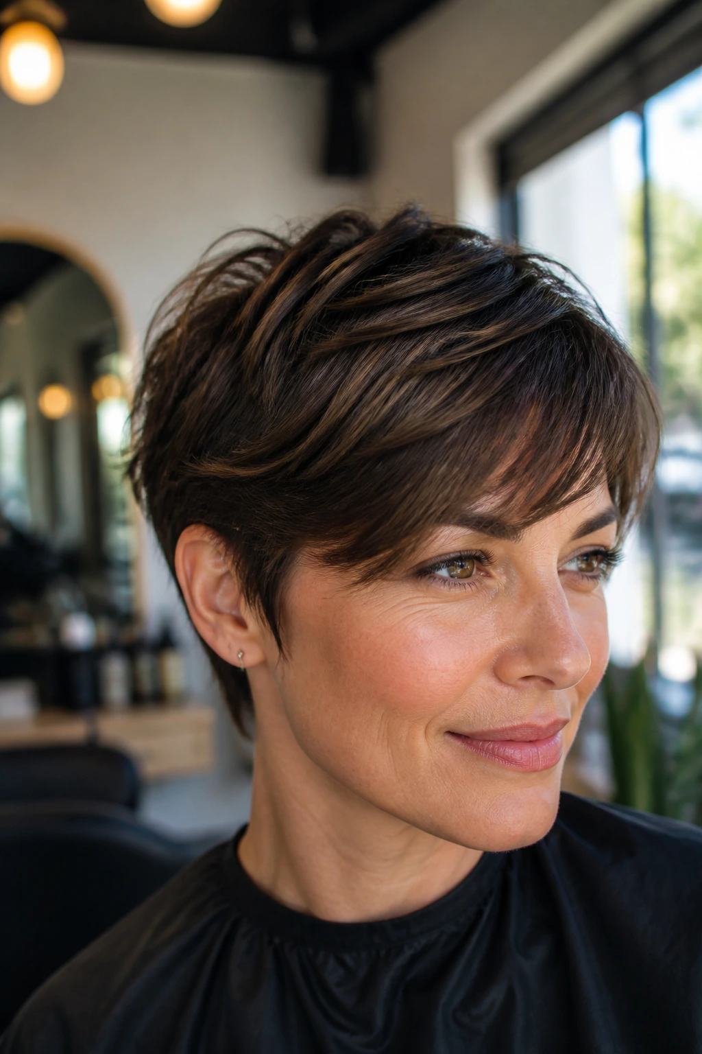 Portrait of a real woman with a soft retro crop in warm salon light