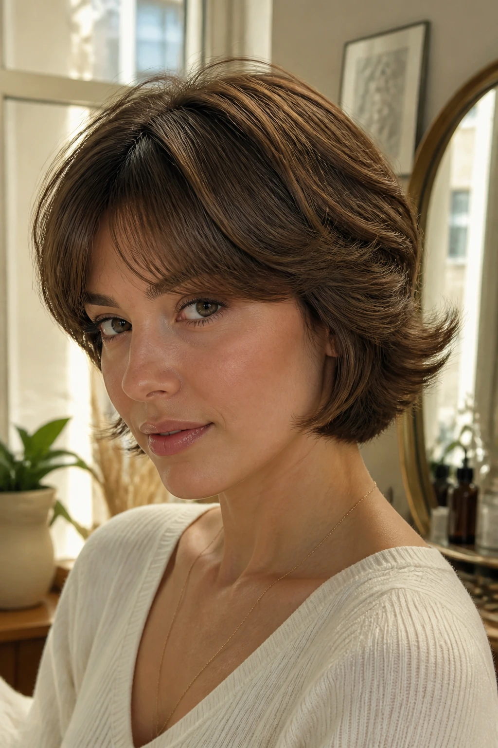Real woman with Soft Retro Feather hairstyle in sunlit vanity area