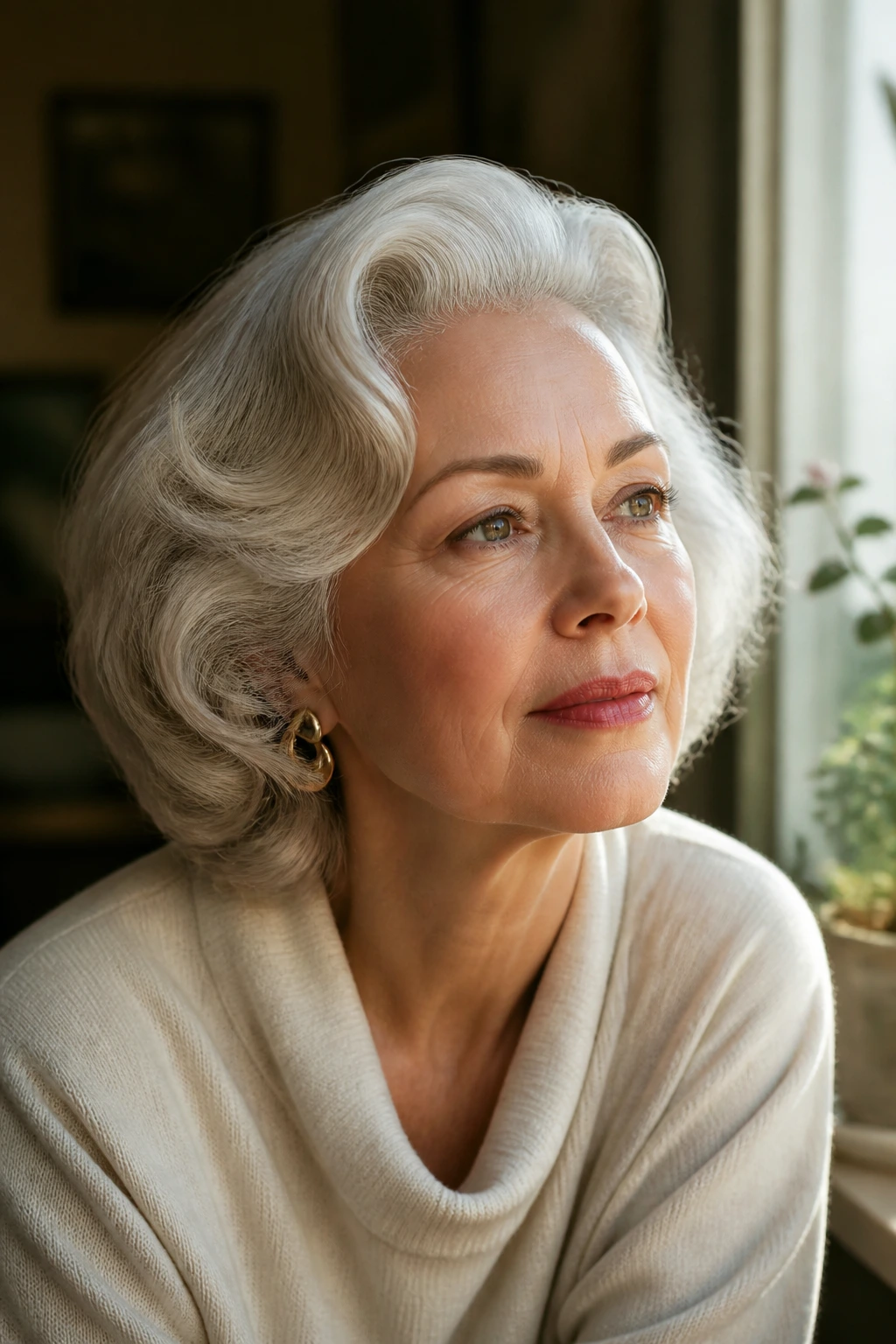 Close-up portrait of an older woman with a soft retro hairstyle in a warm setting