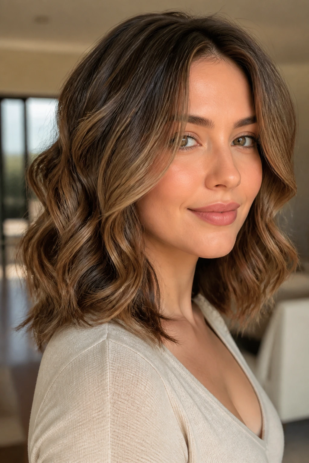 Close-up of real woman with soft ribbon curls and face-framing pieces