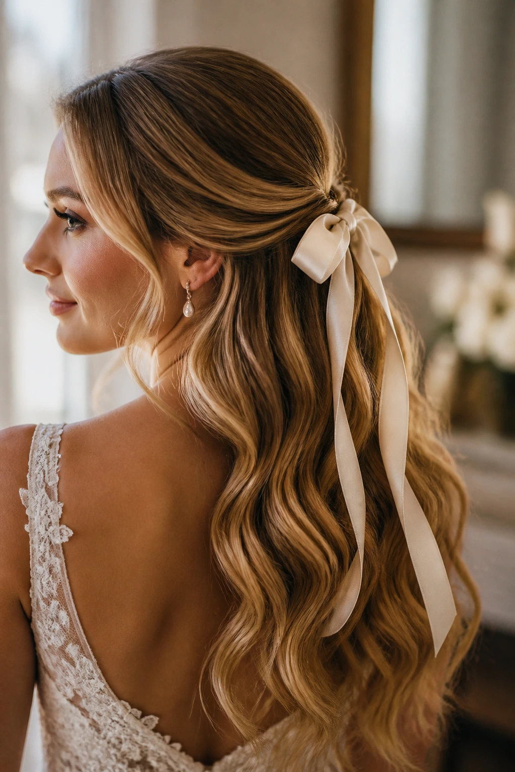 Bride with loose waves and silk ribbon at nape