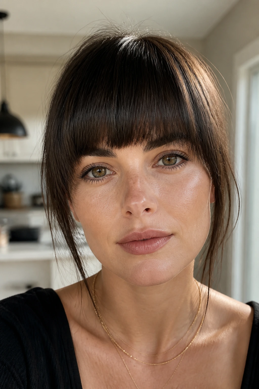 Close-up portrait of a real person with soft-rim blunt bangs